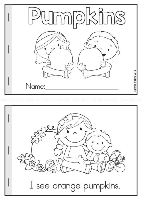 Printable pumpkin-themed emergent reader for preschool with simple sentences and illustrations to color, including comprehension questions.
