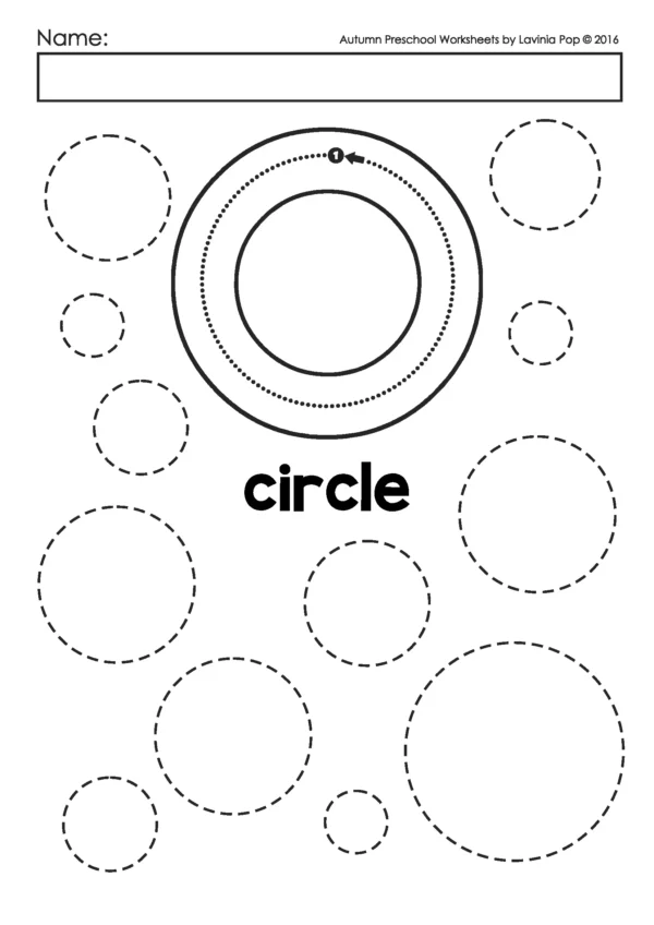 Preschool fall shapes worksheet with large and small dotted circles for tracing and coloring to practice early geometry and fine motor skills.