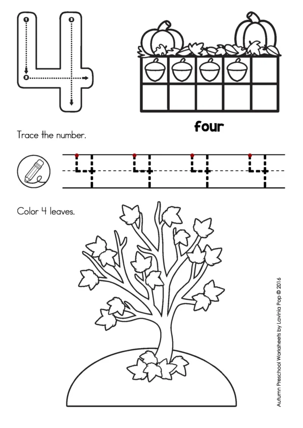 Preschool autumn worksheet for number 4 with tracing, ten frame acorns and pumpkins, and coloring four leaves on a tree.