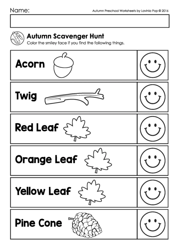 Printable autumn scavenger hunt worksheet for preschool where children color a smiley face after finding items such as acorn, twig, leaves, and pine cone.