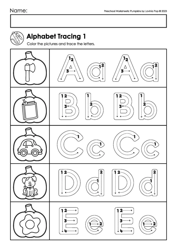 Pumpkin preschool worksheet for tracing uppercase and lowercase letters A to E with themed pictures