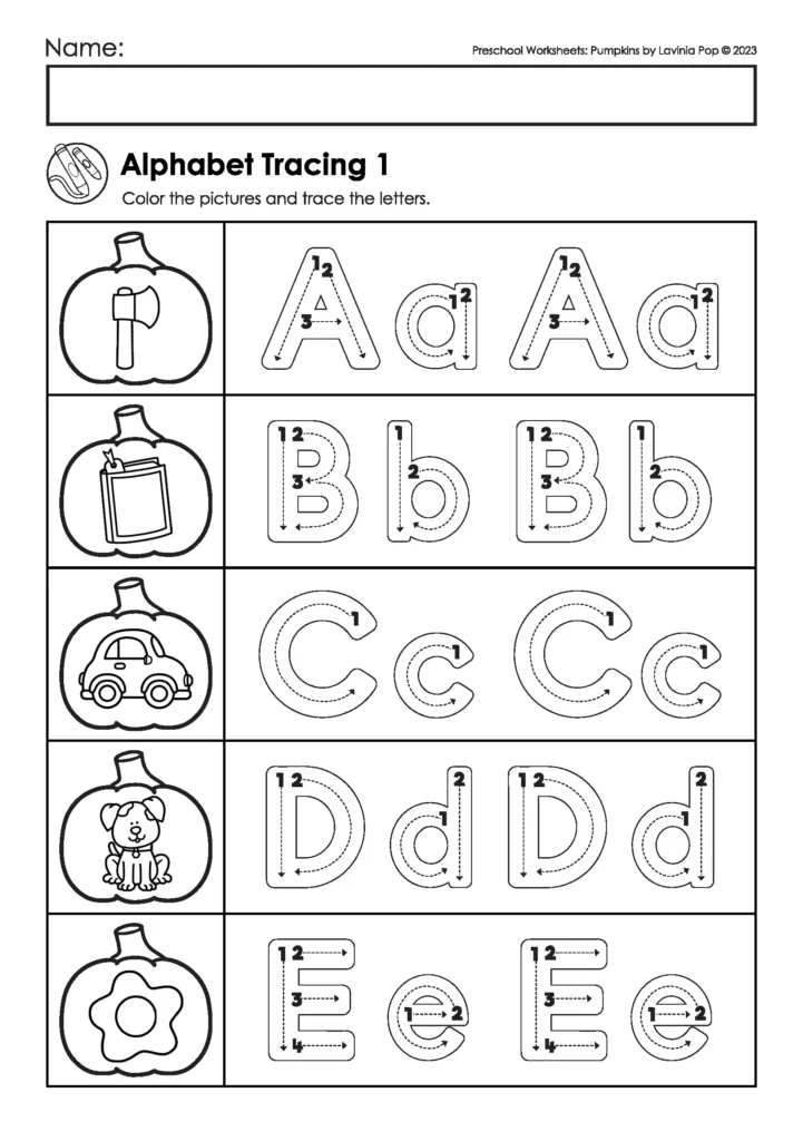 Pumpkin preschool worksheet for tracing uppercase and lowercase letters A to E with themed pictures