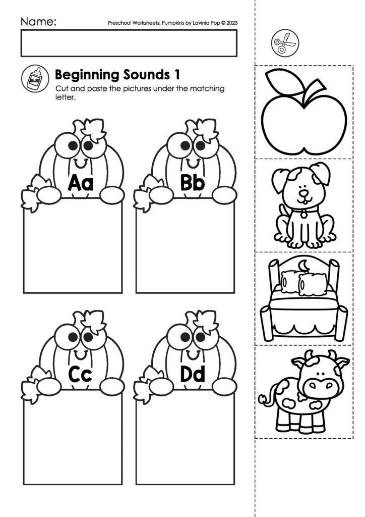 Pumpkin preschool cut-and-paste activity matching pictures to beginning letter sounds Aa to Dd