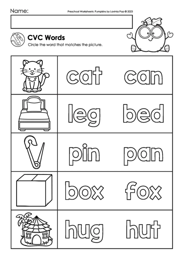 Pumpkin preschool worksheet for reading CVC words and circling the word that matches the picture