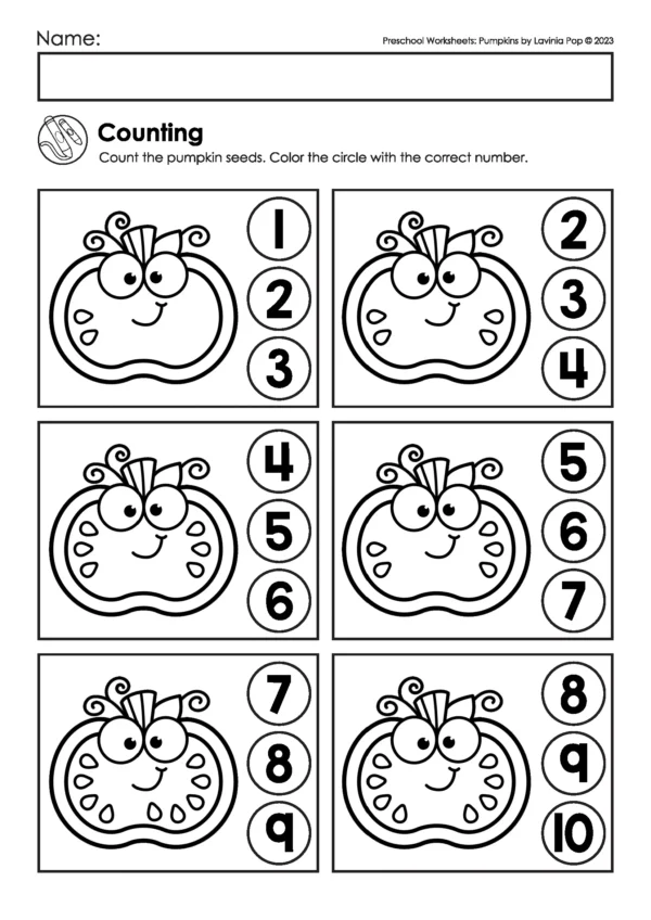 Pumpkin preschool worksheet for counting pumpkin seeds and coloring the correct number