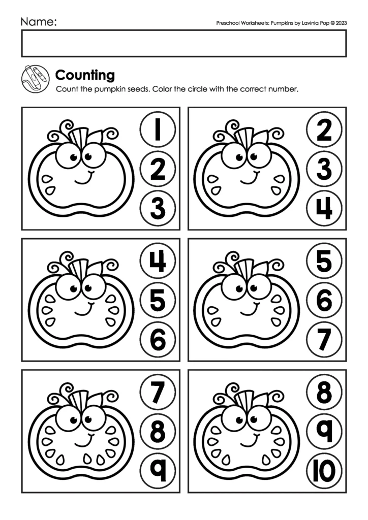 Pumpkin preschool worksheet for counting pumpkin seeds and coloring the correct number
