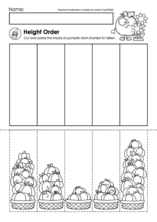 Pumpkin preschool worksheet for cut-and-paste ordering baskets of pumpkins from shortest to tallest