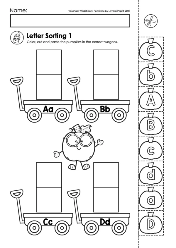 Pumpkin preschool cut-and-paste worksheet sorting uppercase and lowercase letters into wagons