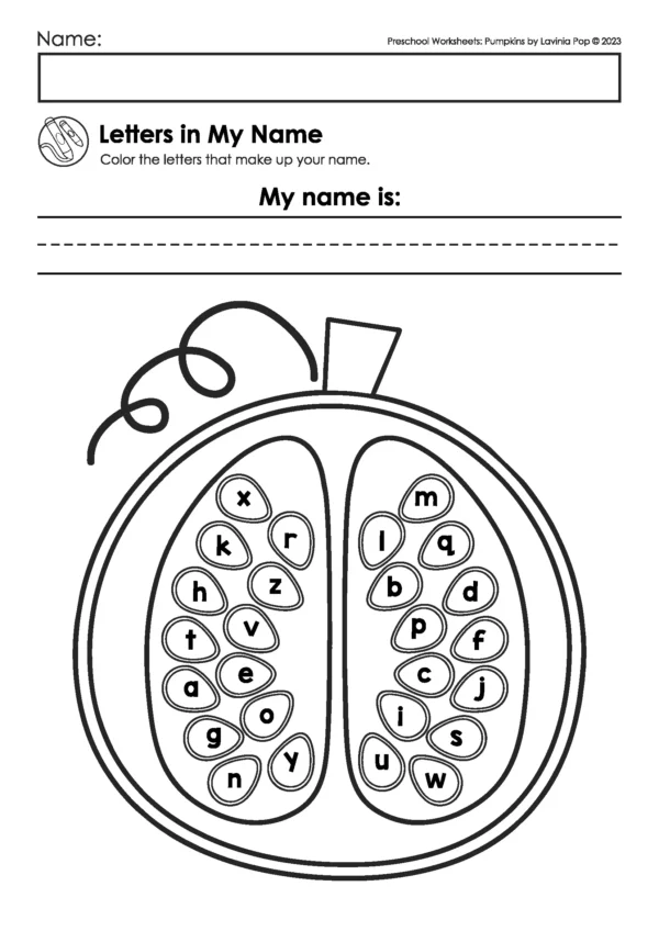 Pumpkin preschool worksheet for coloring pumpkin seeds with letters from the child’s name