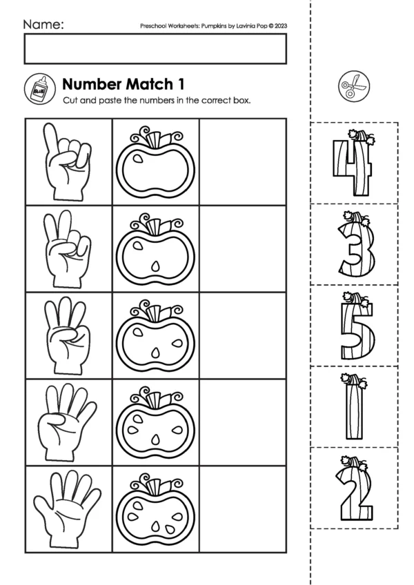 Pumpkin preschool worksheet matching numbers to sets with pumpkins and fingers for 1–5