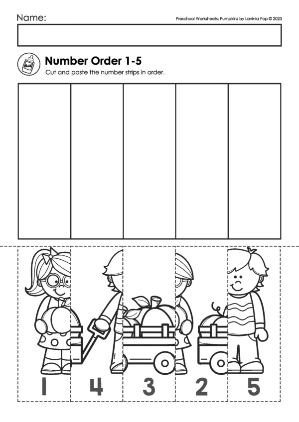 Cut and paste pumpkin preschool worksheet for ordering numbers 1–5 with children carrying pumpkins