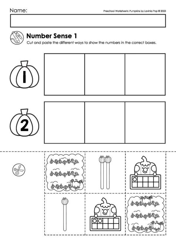 Pumpkin preschool worksheet for number sense showing pumpkins, ten frames, and counting cut-and-paste activities