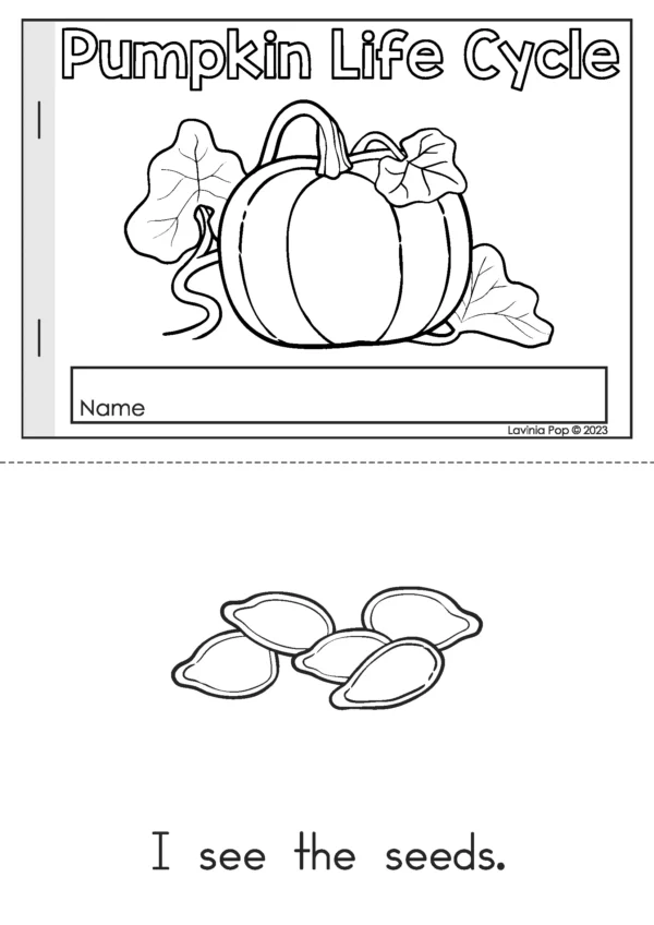 Black and white pumpkin life cycle emergent reader page with pumpkin seeds and text for preschool