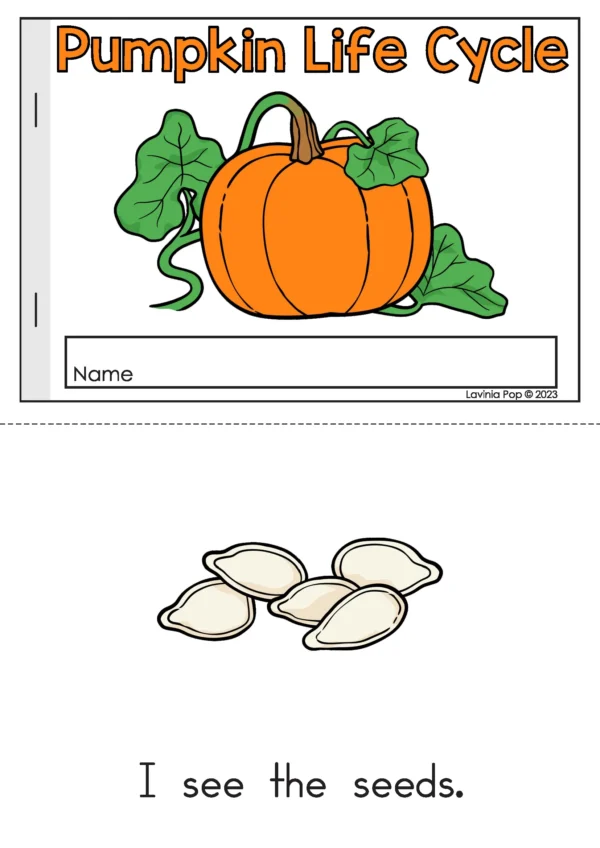 Color pumpkin life cycle emergent reader page with pumpkin seeds and simple sentence “I see the seeds” for preschool