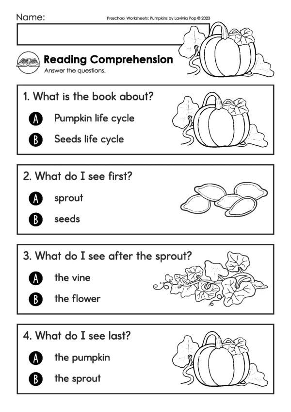 Pumpkin preschool worksheet with reading comprehension questions about the pumpkin life cycle