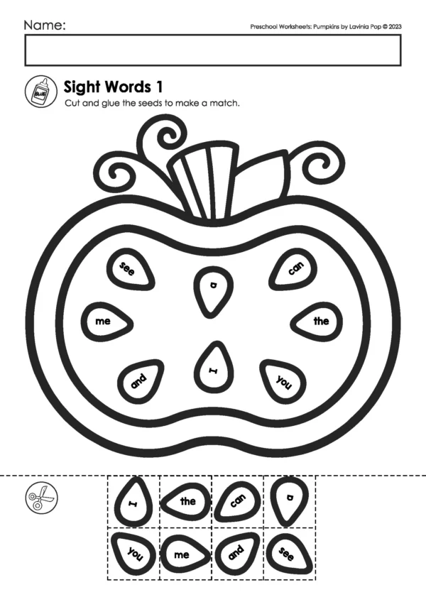 Pumpkin preschool worksheet for matching sight words like I, can, see, the, you, and me with pumpkin seeds