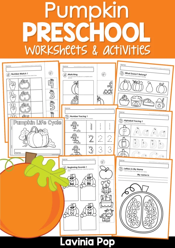 Pumpkin preschool worksheets and activities pack cover with tracing, counting, beginning sounds, life cycle, and matching activities