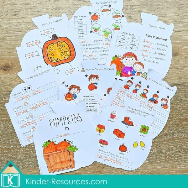 Collection of pumpkin shaped writing pages including life cycle, carving steps, poems, labeling, and descriptive writing for fall literacy.