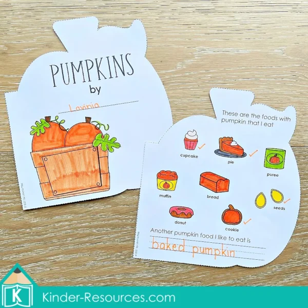 Pumpkin shaped book cover page with basket of pumpkins and writing page for foods with pumpkin that children eat.