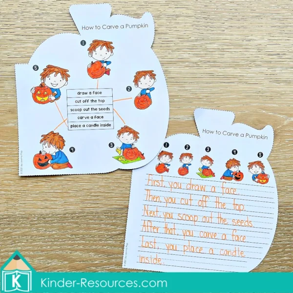 Pumpkin shaped writing book pages showing step-by-step sequencing activity for how to carve a pumpkin with pictures and handwriting lines.