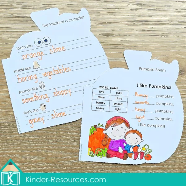 Pumpkin shaped writing pages with adjective poem activity and descriptive writing using senses to describe the inside of a pumpkin.