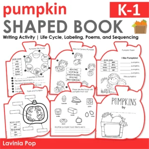 Pumpkin shaped writing book with multiple themed pages for sequencing, labeling, poems, pumpkin foods, life cycle, and descriptive writing.