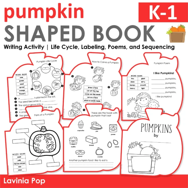 Pumpkin shaped writing book with multiple themed pages for sequencing, labeling, poems, pumpkin foods, life cycle, and descriptive writing.