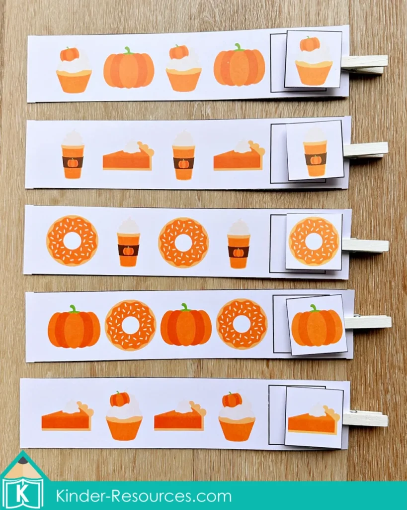 Pumpkin AB pattern activity strips with clothespins, showing fall themed pictures like pumpkins, donuts, pie, and drinks.