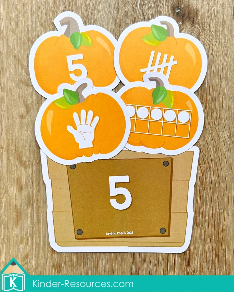Pumpkin number sense activity showing multiple representations of the number five, including tally marks, ten frames, and fingers.