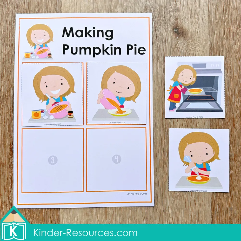 Pumpkin sequencing cards for preschool showing the steps to make pumpkin pie, used for ordering and retelling activities.