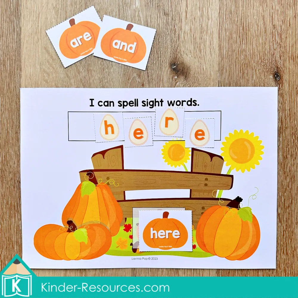Pumpkin sight word center for preschool and kindergarten where children build words using pumpkin seed letters on a fall-themed mat.