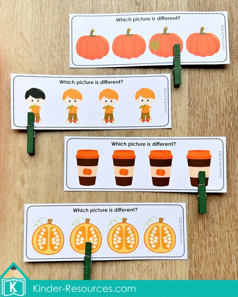Pumpkin preschool activity cards asking “Which picture is different?” with clothespins for children to mark the odd one out.