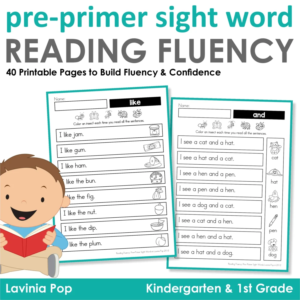 Sight Word Reading Fluency resource cover with child holding book and sample worksheets for words like and and.