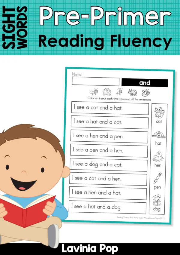 Pre-Primer Sight Word Reading Fluency cover showing worksheet for the word and with decodable sentences.