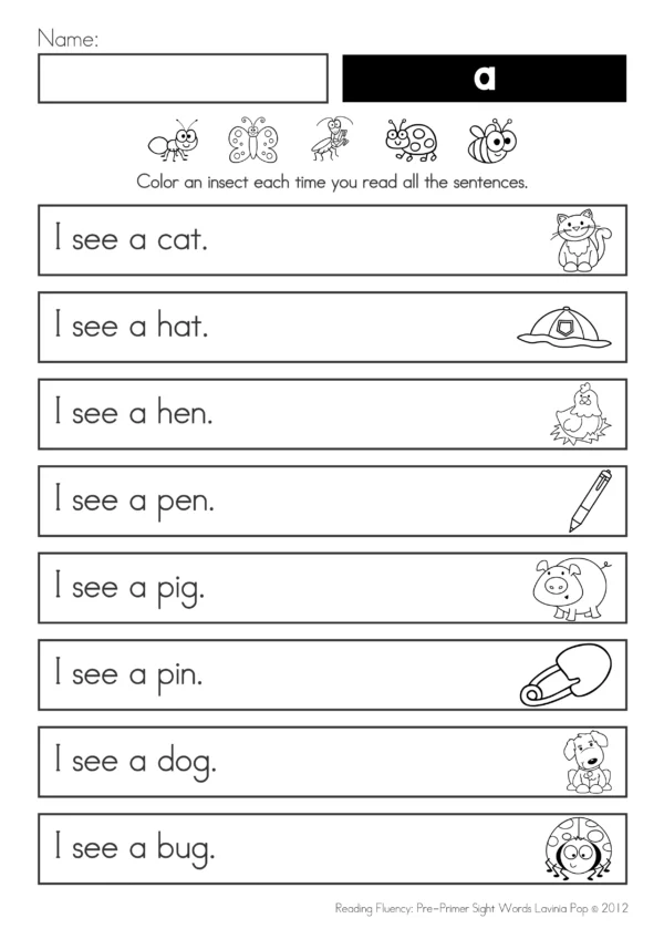 Sight Word Reading Fluency page for the word a with sentences and matching picture cues.