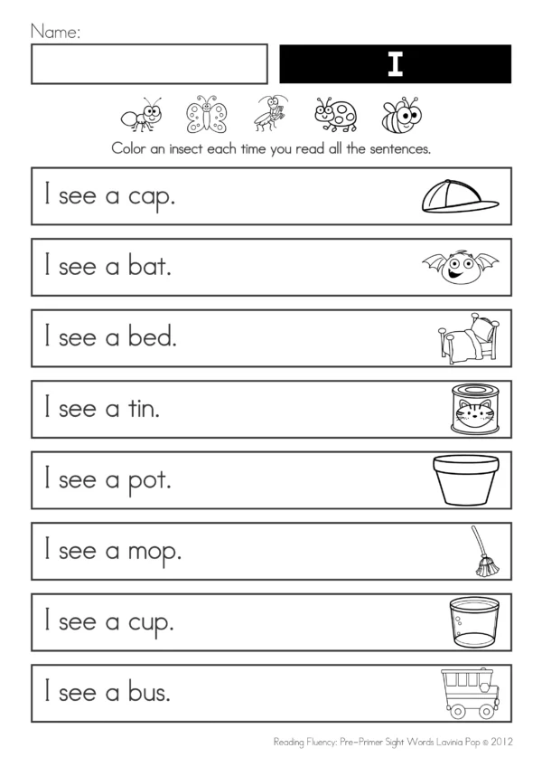 Sight Word Reading Fluency page for the word I with short sentences and insect tracking icons.