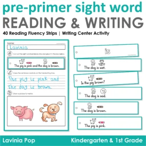 Fluency strips and writing center activity pages for sight word practice with decodable sentences and illustrations.