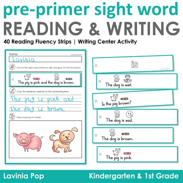 Fluency strips and writing center activity pages for sight word practice with decodable sentences and illustrations.