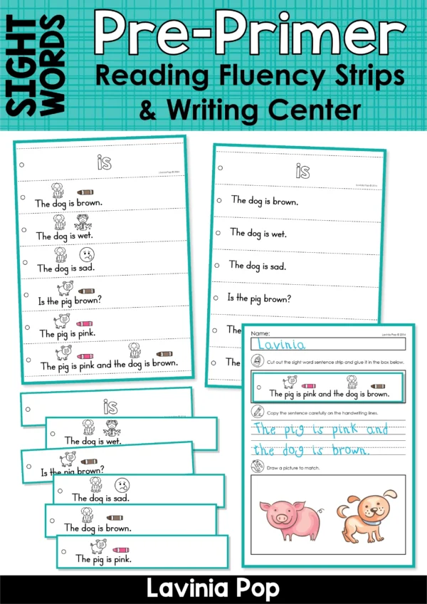 Cover page showing Pre-Primer sight word fluency strips and writing center activity for Kindergarten and 1st grade.