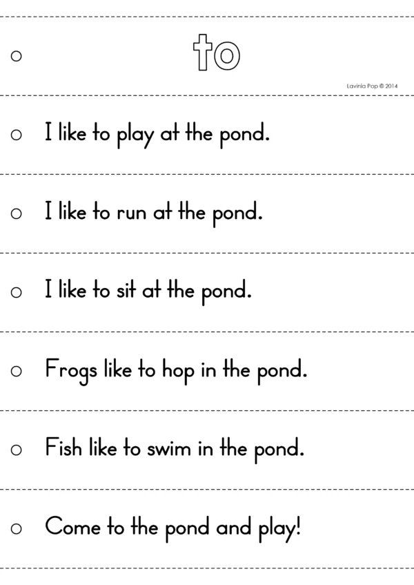 Example fluency strips and writing pages for Kindergarten sight word practice, including decodable sentences with CVC words.