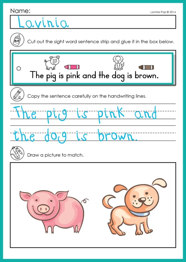 Student worksheet with sight word fluency strip glued, sentence copied on handwriting lines, and matching drawing of a pig and dog.