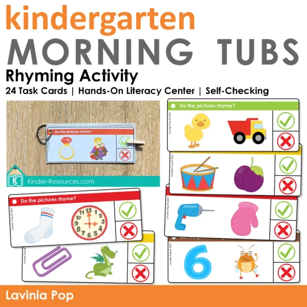 Rhyming task cards with pairs ring–king, duck–truck, drum–plum, sock–clock, drill–mitten, six–insect. Designed for phonological awareness in kindergarten.