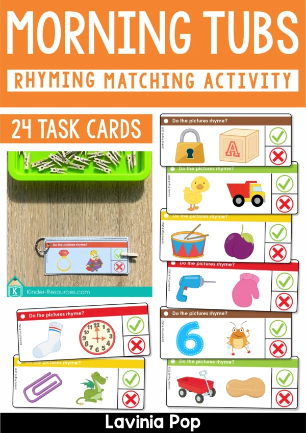 Rhyming cards showing pairs lock–block, duck–truck, drum–plum, drill–mitten, six–insect, clip–dragon, sock–clock, ring–king. Includes check and cross for answers.