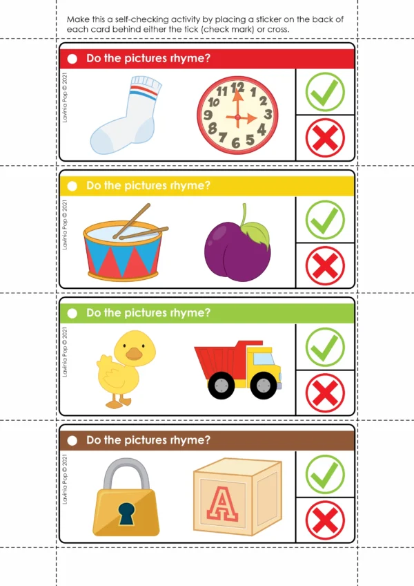 Rhyming activity cards with sock–clock, drum–plum, duck–truck, lock–block. Each card has a check mark and cross so students can decide if the words rhyme.