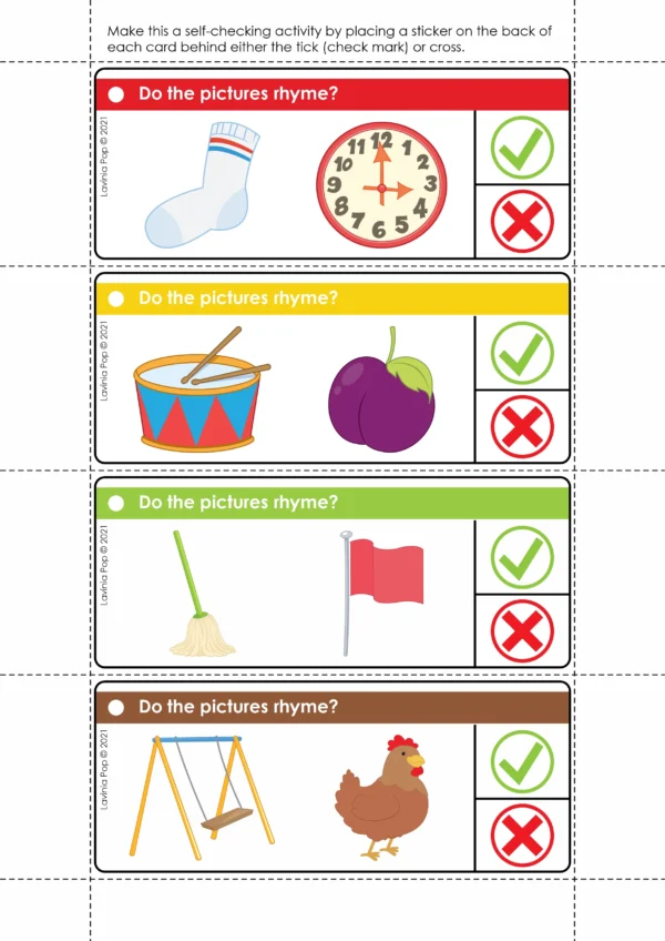 Sheet of four “Do the pictures rhyme?” cards for preschool and kindergarten. Pairs shown: sock–clock, drum–plum, mop–flag, swing–chicken. Each card includes a check mark and cross for yes/no responses. Ideal for phonological awareness, literacy centers, morning tubs, and self-checking practice.