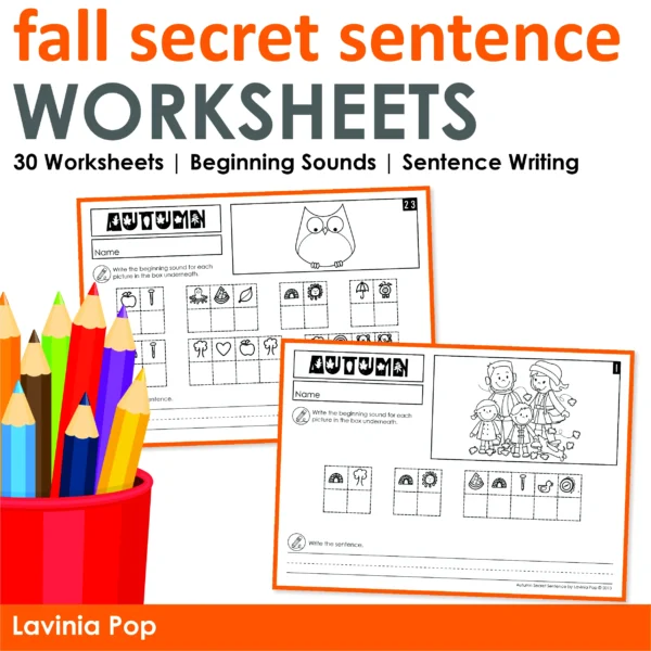 Fall Secret Sentence Worksheets packet for Kindergarten and 1st Grade with 30 no prep beginning sounds and sentence writing activities.
