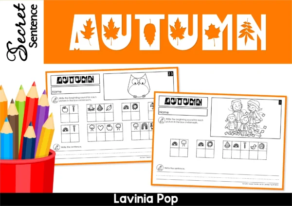 Autumn Secret Sentence Worksheets for Kindergarten showing phonics practice with beginning sounds and decoding secret sentences.