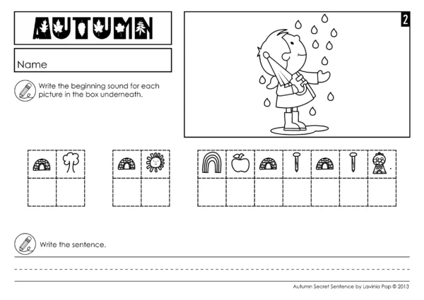 Fall Secret Sentence Worksheet for Kindergarten where students use picture clues to identify beginning sounds and write a secret sentence.