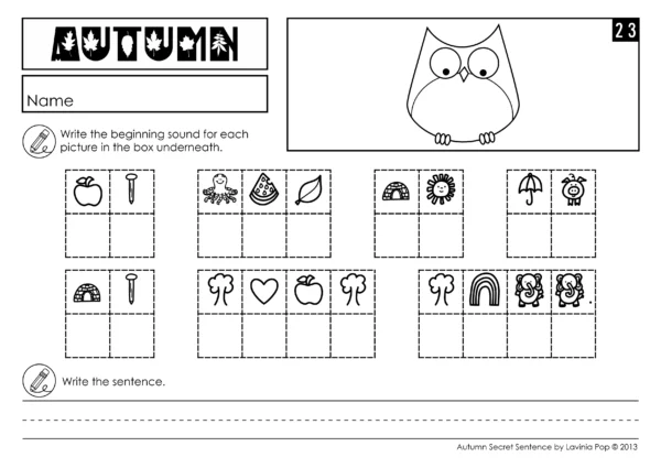 Kindergarten Fall Secret Sentence Worksheet with autumn picture code, beginning sound practice, and handwriting lines for sentence writing.