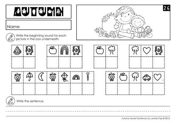 Fall Secret Sentence Worksheets for 1st Grade students to build phonics skills, read secret sentences, and practice writing fluency.